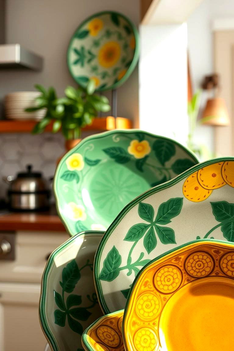 Hand Painted Green and Yellow Decorative Plates - 24 Green and Yellow Kitchen Ideas