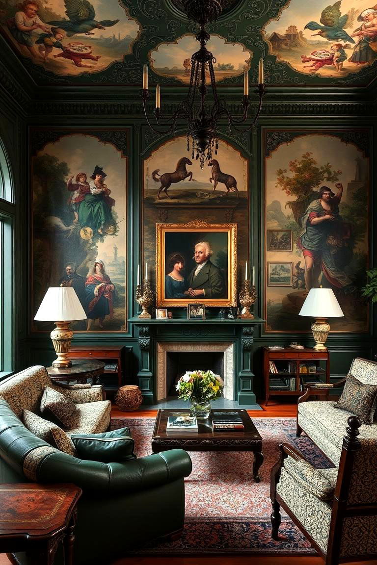 Hand Painted Murals in Dark Green Tones - 24 Victorian Dark Green Living Room Ideas