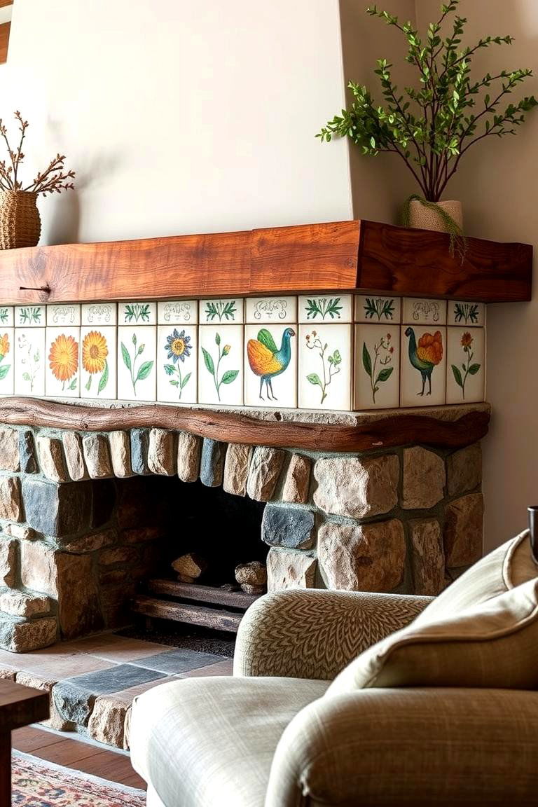 Hand Painted Tile Fireplace Surround - 24 Rustic Fireplaces