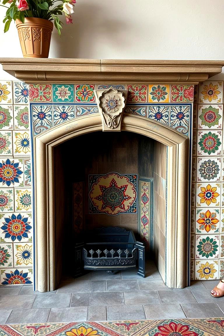 Hand Painted Tiles - 24 Fireplace Backsplash Ideas