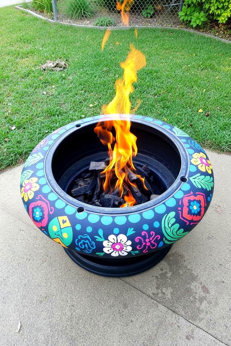 Hand Painted Truck Rim Fire Pit - 24 Truck Rim Fire Pit Ideas