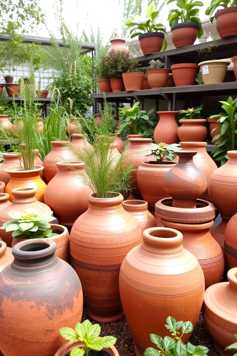 Handcrafted Clay Pots Display - 24 Garden Art Ideas