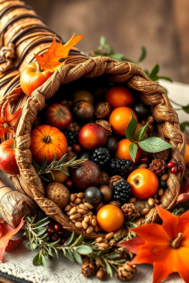 Handcrafted Cornucopia Display - 24 thanksgiving table decor ideas