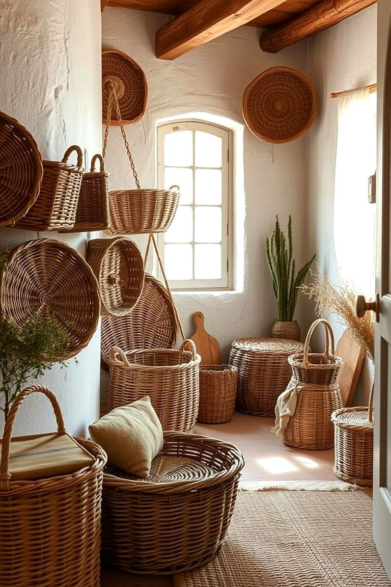 Handcrafted Wicker Baskets Display - 24 Cottage Decorating Ideas