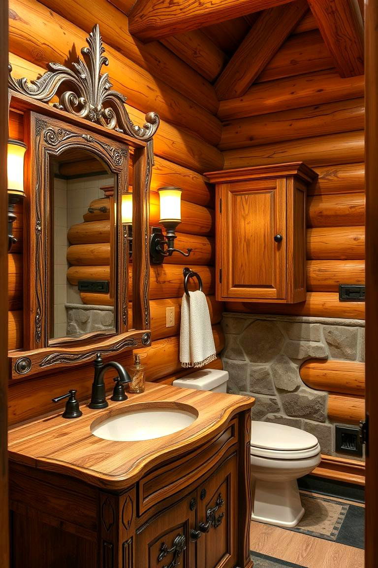 Handcrafted Wooden Vanity Feature - 24 Log Cabin Bathroom Ideas