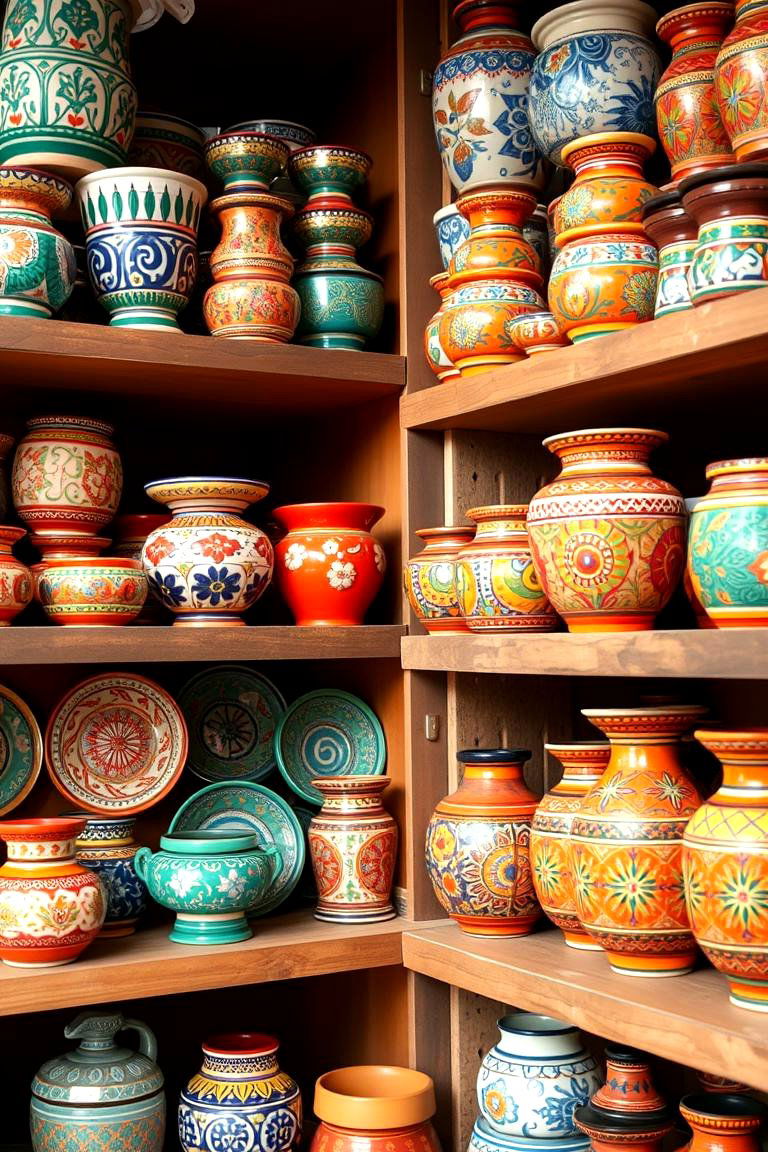 Handmade Mexican Pottery Shelves - 24 Mexican Outdoor Kitchen Ideas
