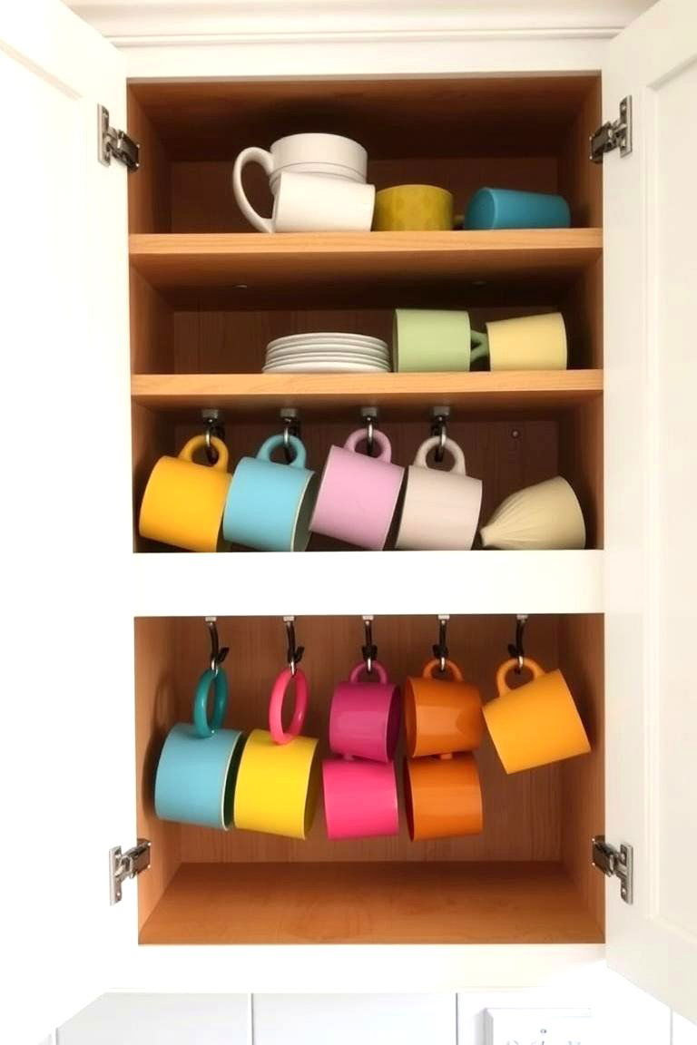 Hang Mugs and Cups on Hooks - 24 Kitchen Cabinet Organization Ideas