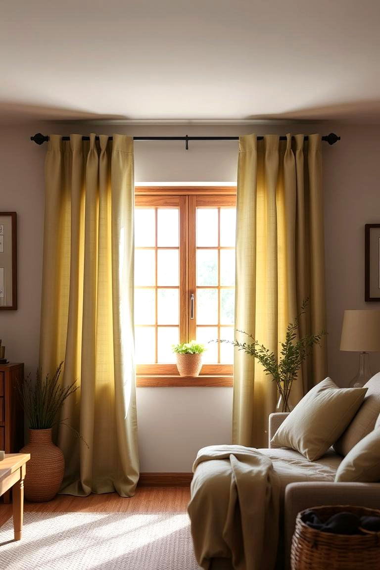 Hang Sage Green Curtains or Drapes in Natural Fabric - 24 Rustic Sage Green Living Room Ideas