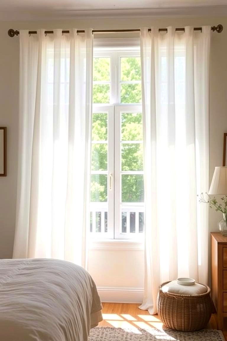 Hang Sheer Curtains for Softness - 24 Farmhouse Bedroom Ideas