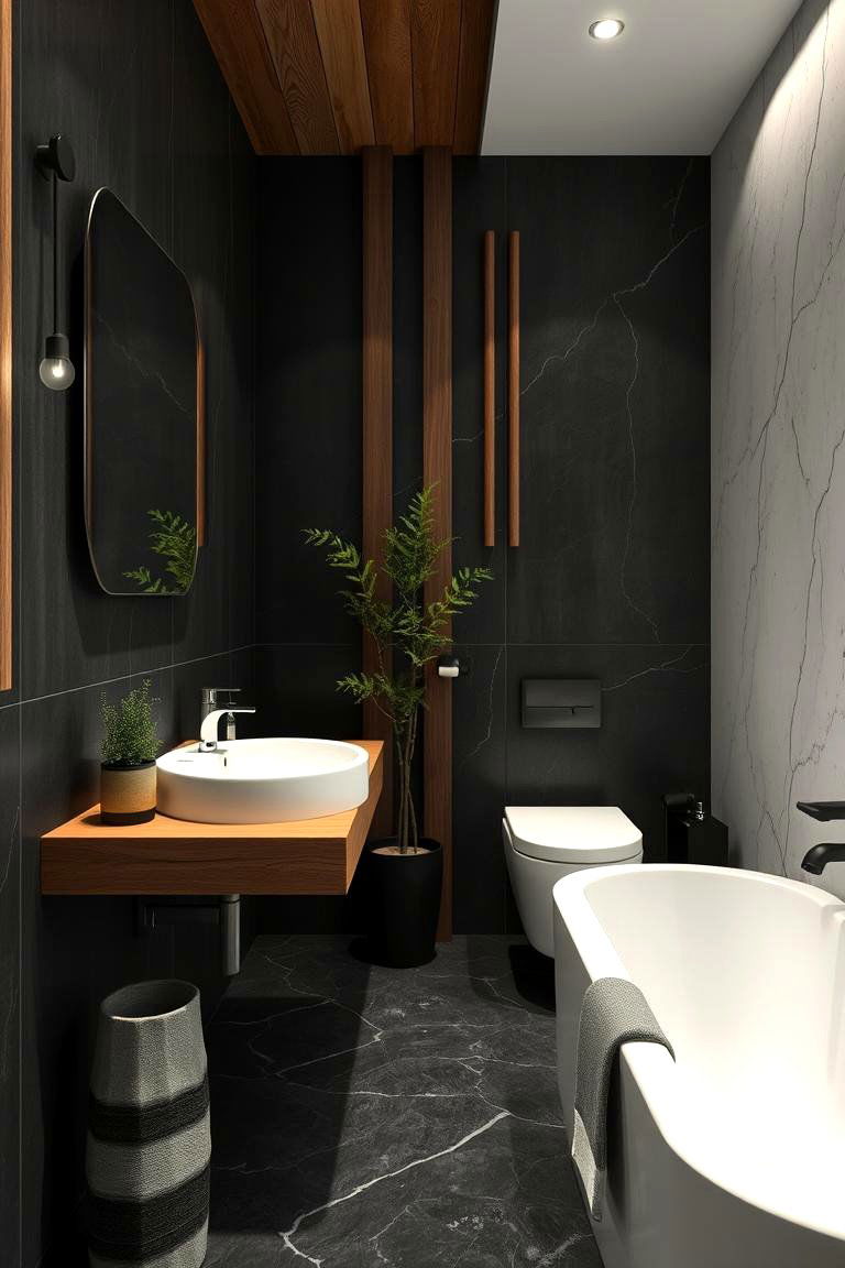 Harmonious Black and White with Natural Elements - 24 Black and White Bathroom Ideas