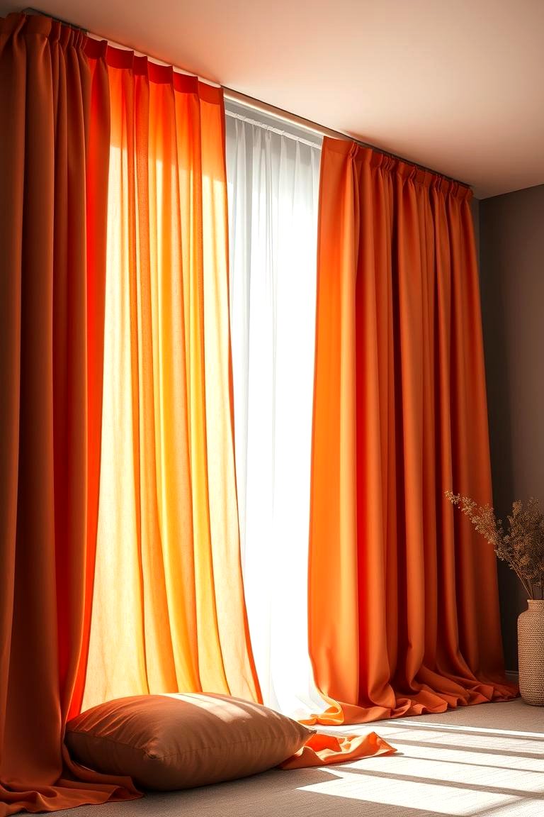 Harmonious Orange Curtains with Grey Backdrop - 24 Orange and Grey Living Room Ideas