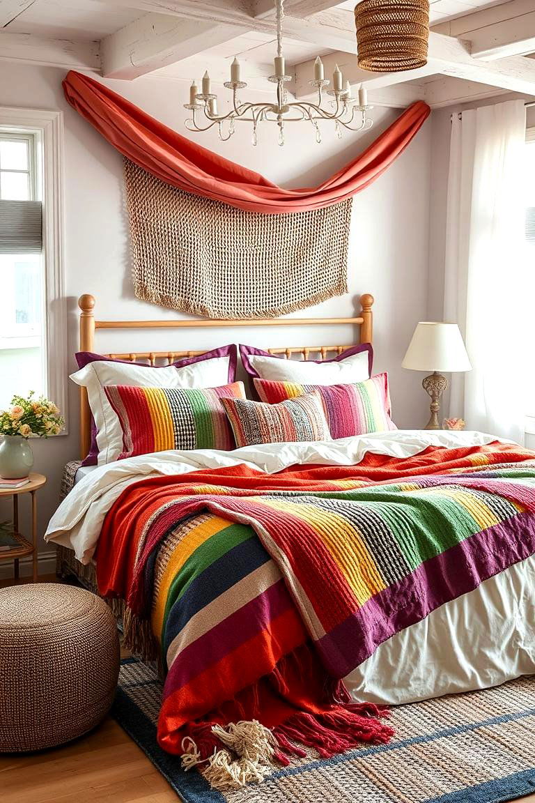 Harmonious Rainbow Textiles - 24 Rainbow Bedroom Ideas