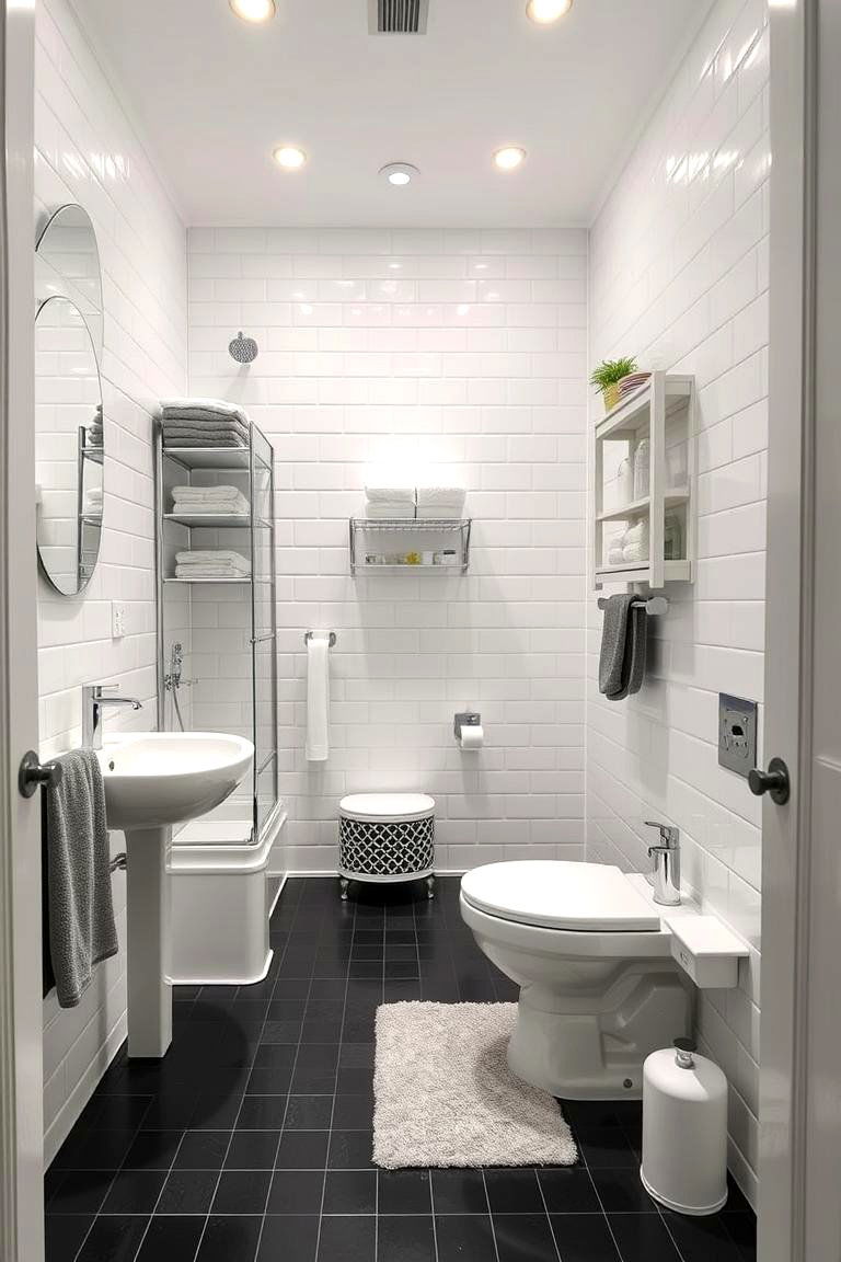 Harmonious Space Optimization - 24 Black Floor Bathroom With White Walls Ideas