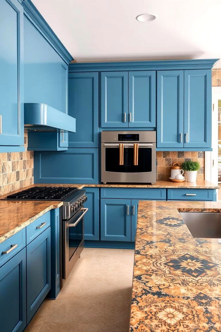 Harmonious Texture and Contrasting Tones - 24 blue kitchen cabinets with brown granite countertops