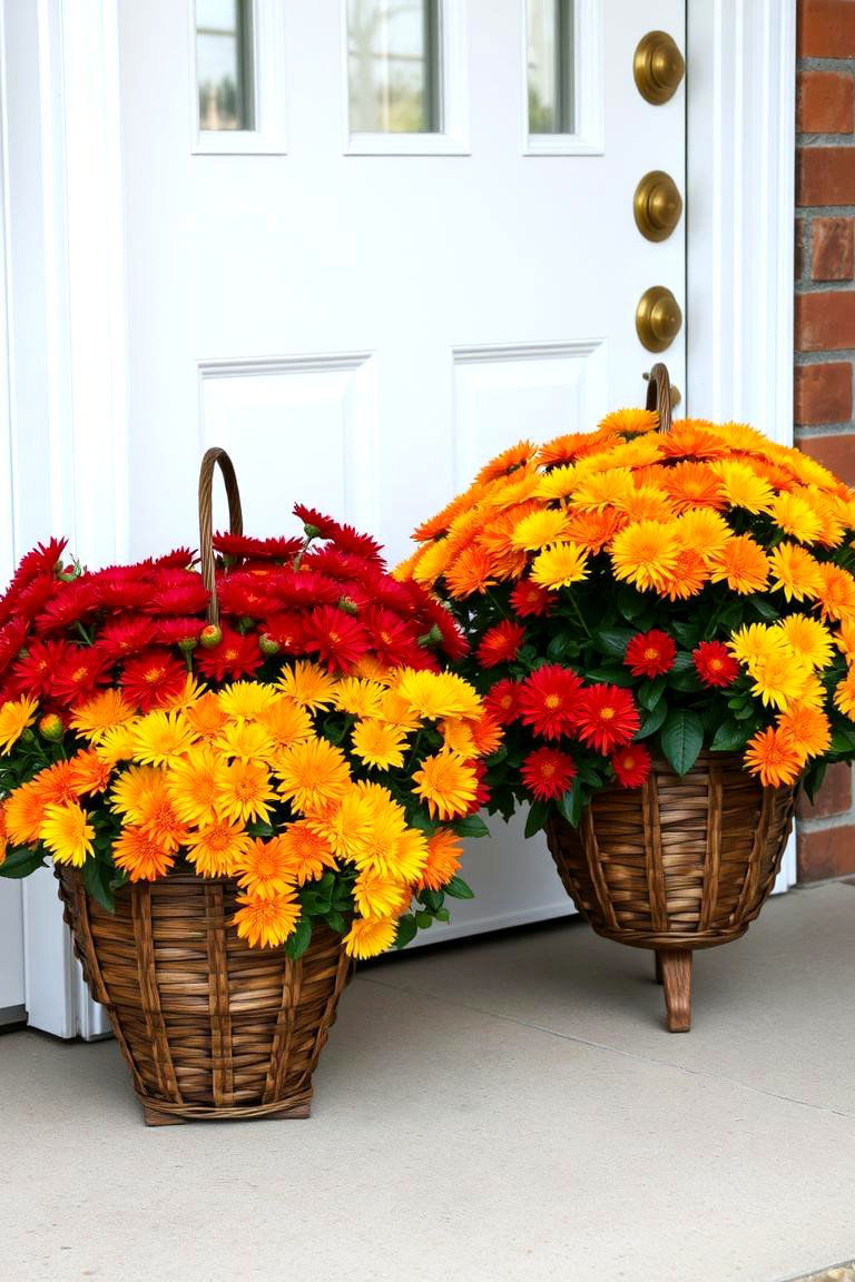 Harvest Baskets with Mums - 24 Front Door Fall Decor Ideas