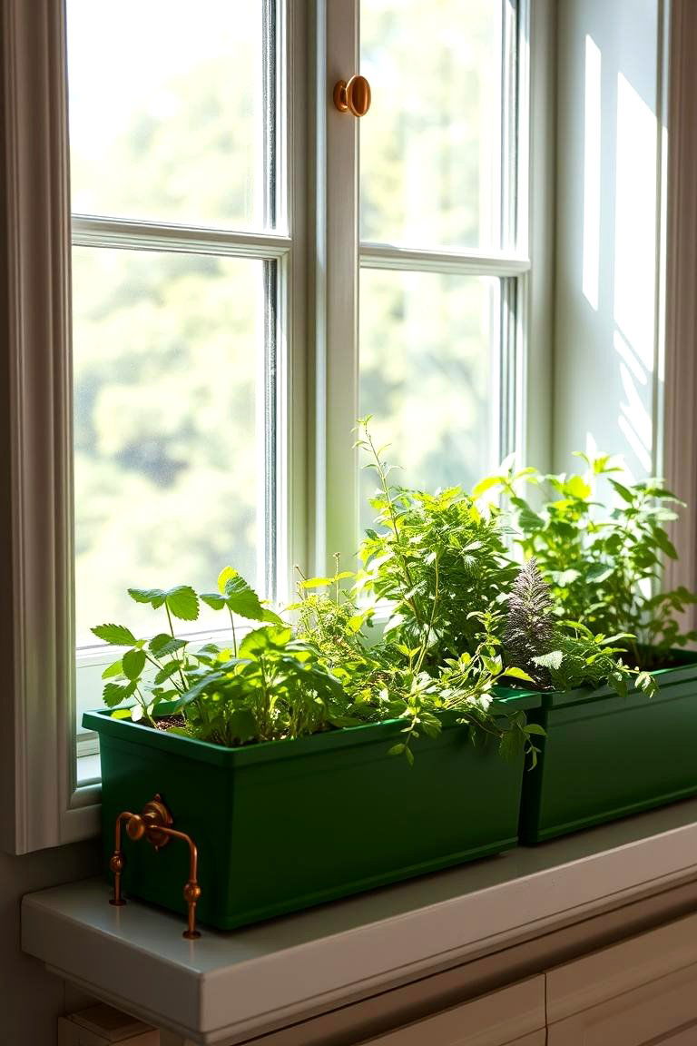 Herb Garden Window Boxes with Copper Details - 24 Green and Copper Kitchen Ideas