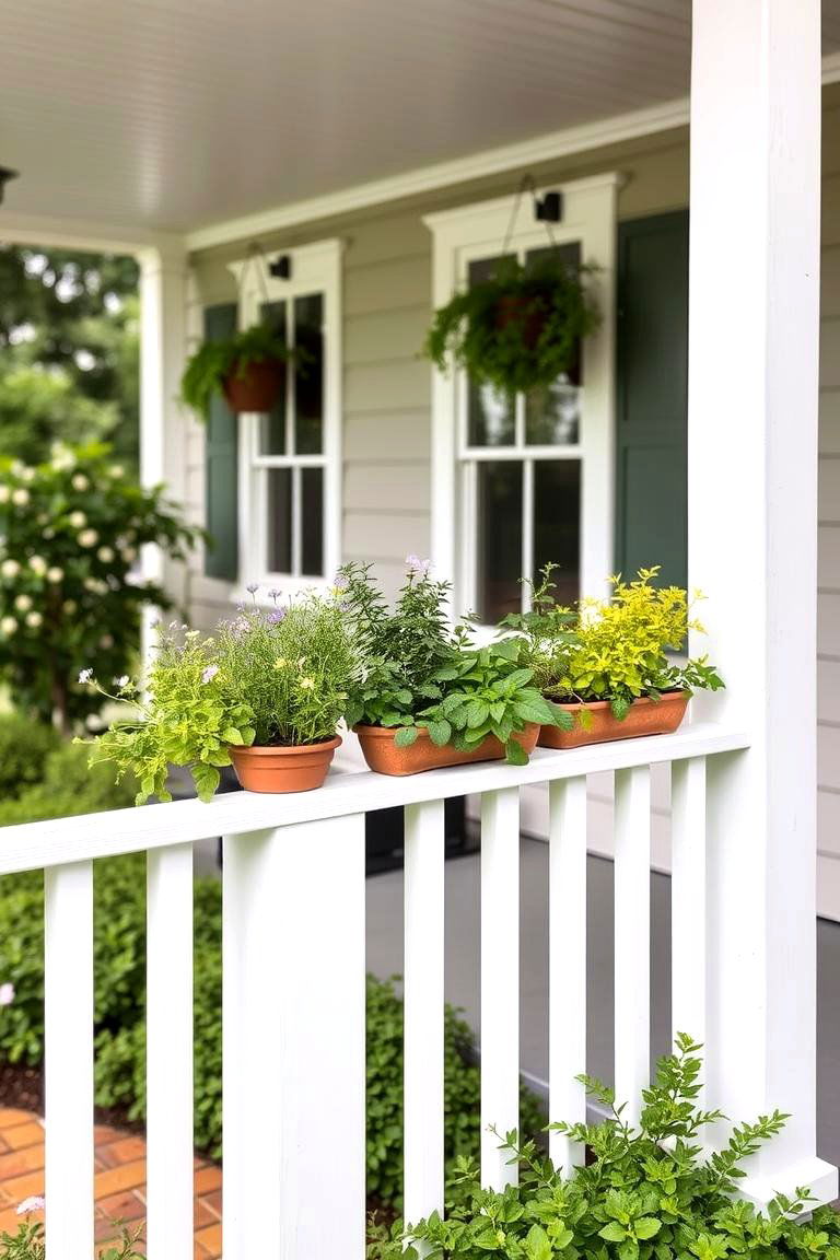 Herb Garden on Railings - 24 White Farmhouse With Wrap-around Porch Ideas