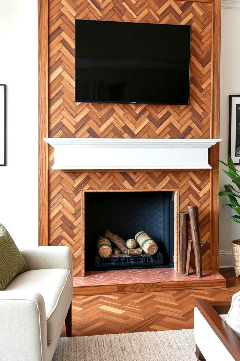 Herringbone Pattern Wood Mantel - 24 Wood Mantel Ideas