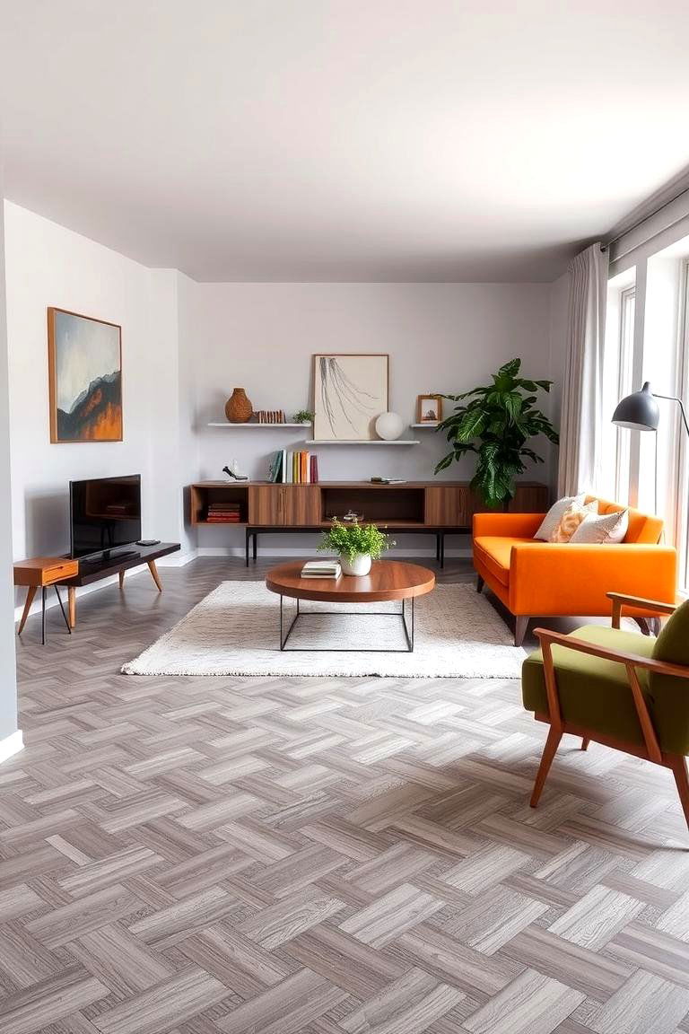 Herringbone Pattern with Mid Century Modern Flair - 24 grey flooring living room ideas