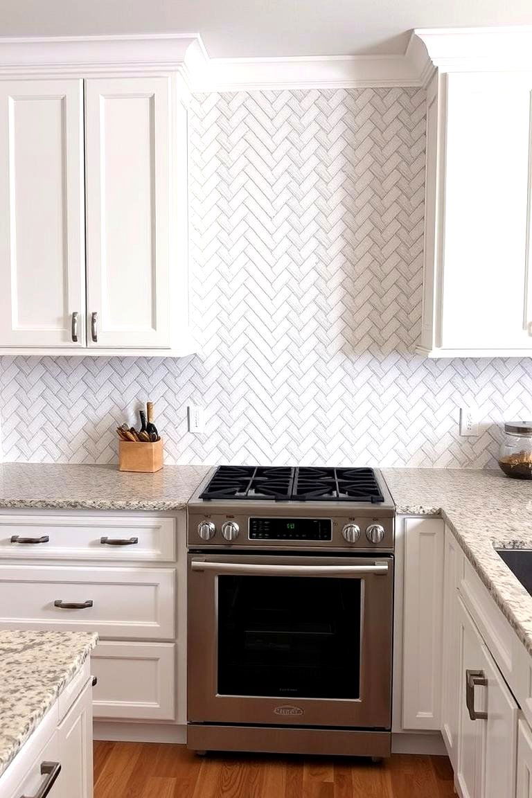 Herringbone Pattern - 24 Backsplash Ideas for White Cabinets and Granite Countertops