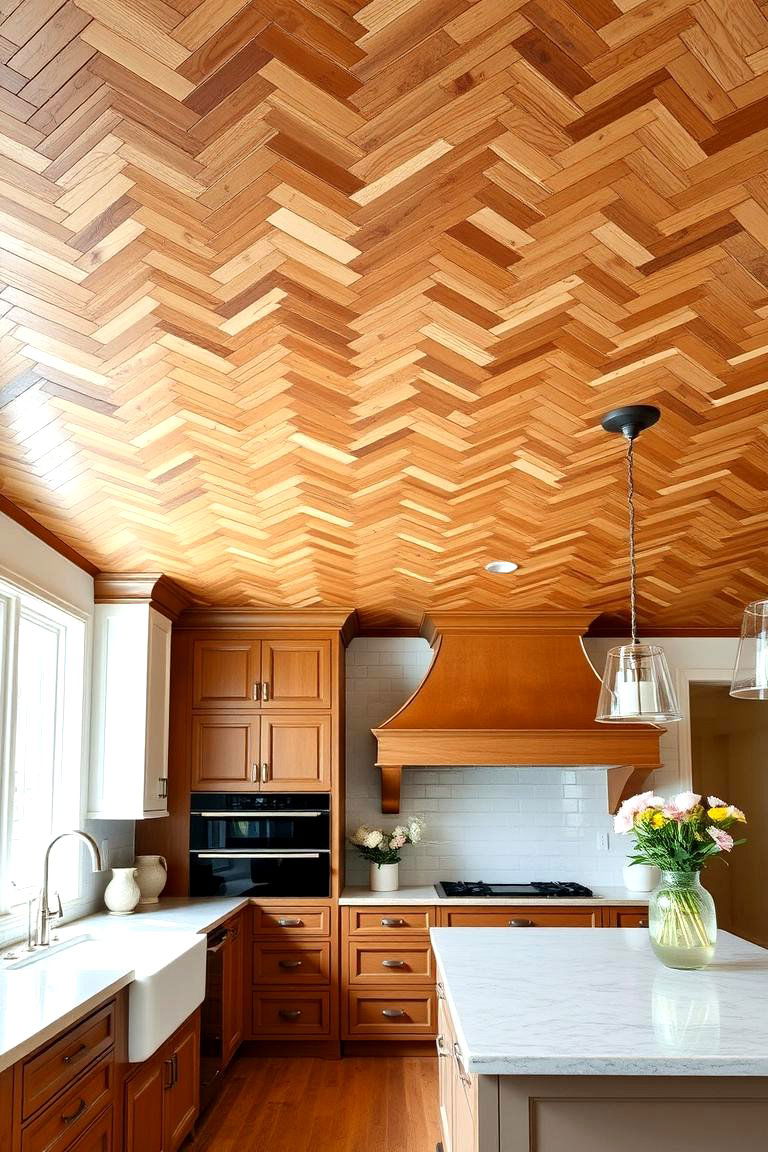 Herringbone Wood Pattern - 24 Wood Ceiling Kitchen Ideas