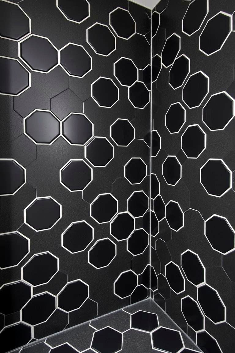 Hexagonal Black Tile Arrangements - 24 Black Tile Bathroom Ideas