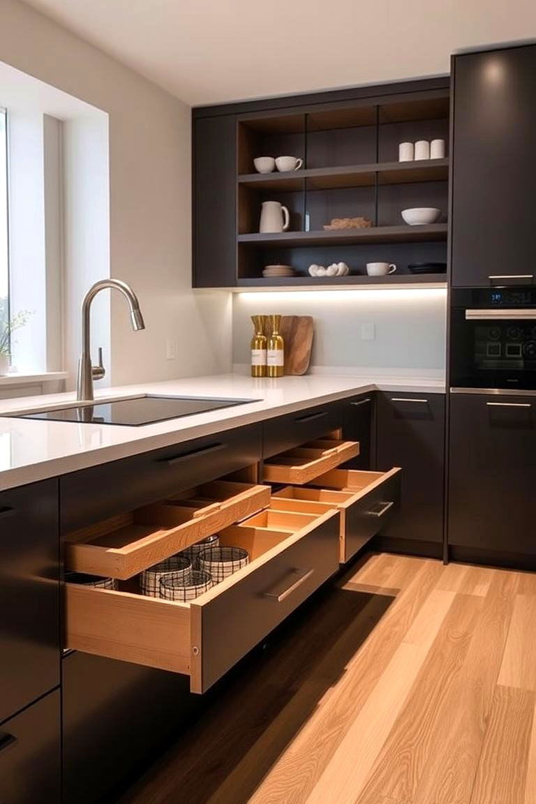Hidden Storage Solutions - 24 Kitchens Without Upper Cabinets