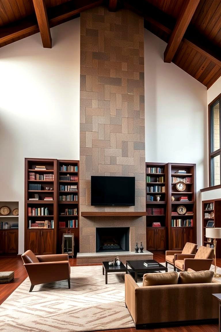 High Ceilings and Built In Shelves with a Large Fireplace - 24 Fireplace With Bookshelves