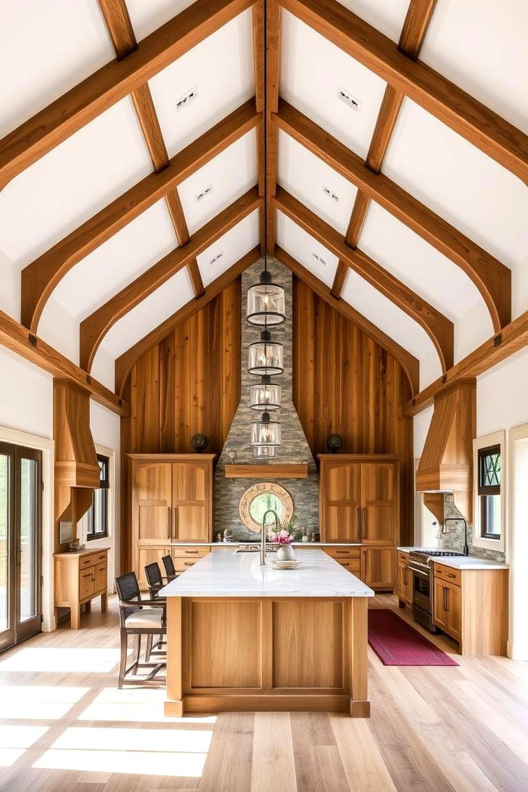 High Ceilings with Exposed Beams - 24 Barndominium Kitchen Ideas