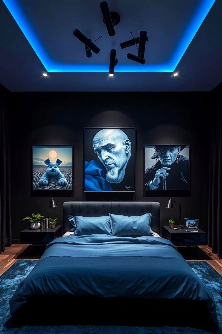 High Contrast Art Installations in Black and Blue - 24 Black and Blue Bedroom Ideas