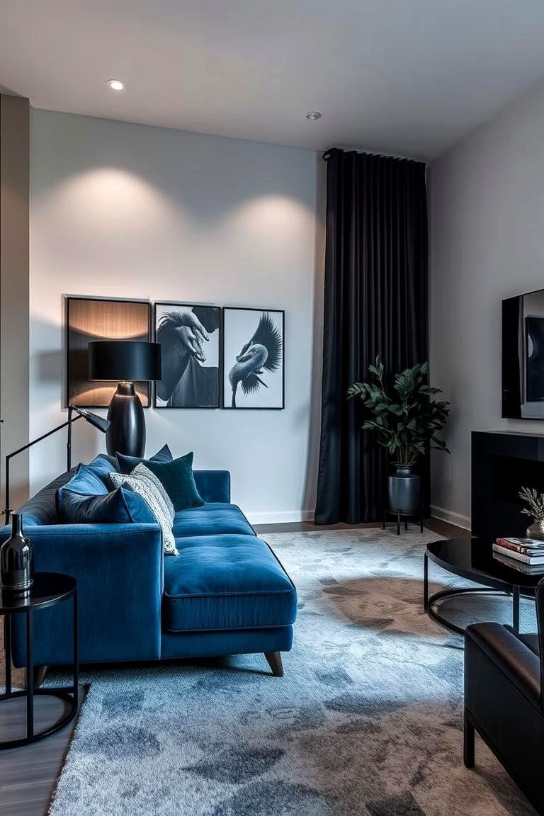 High Contrast Blue Couch with Dark Accents - 24 Blue Couch Living Room Ideas