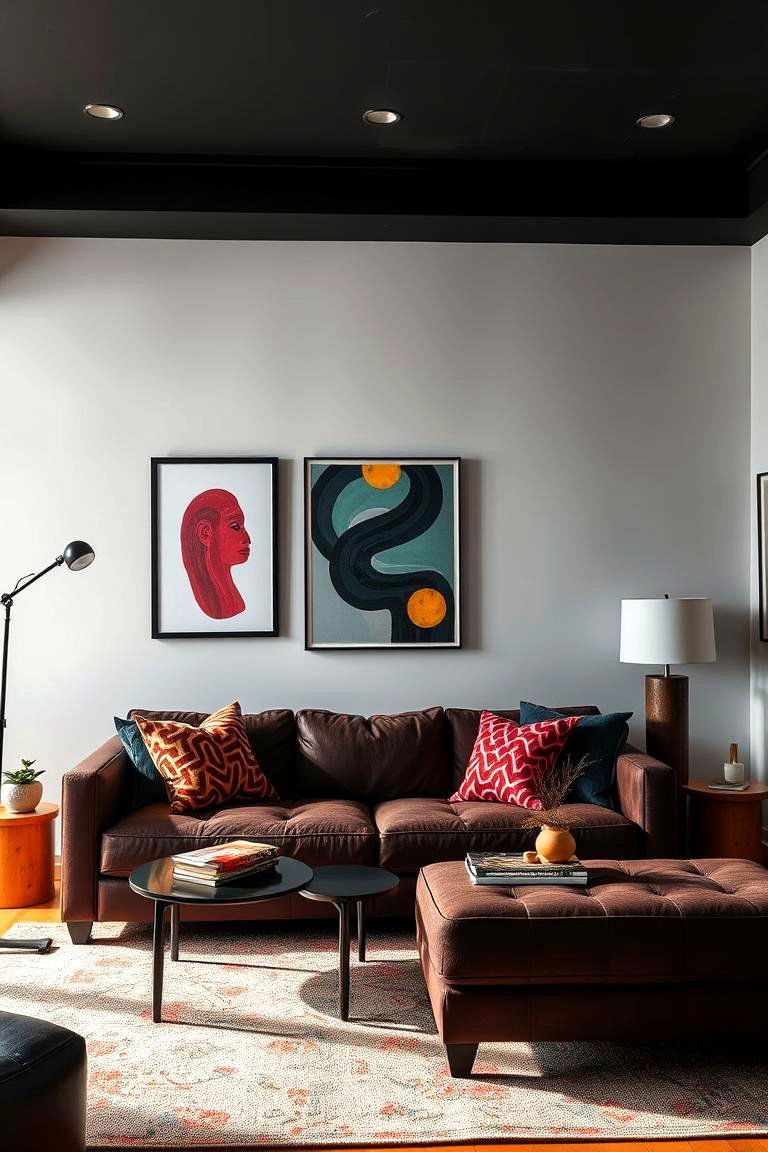 High Contrast Dramatic Design - 24 Dark Brown Couch Living Room Ideas