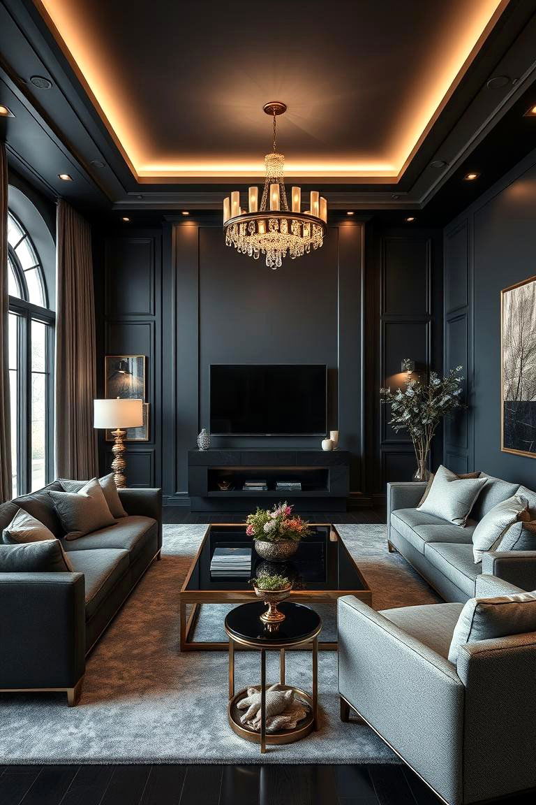 High Contrast Glamour - 24 Contrasting Living Rooms With Dark Grey Walls
