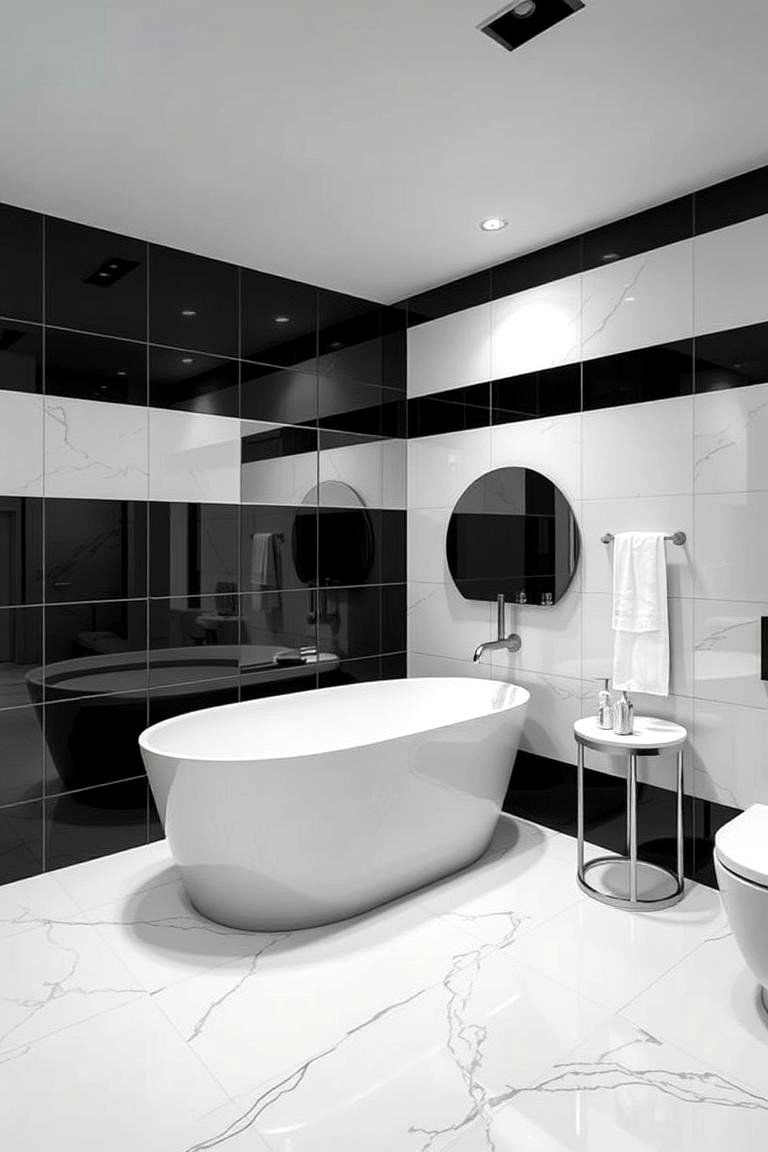 High Contrast Glossy Tiles - 24 Black and White Bathroom Tile Ideas