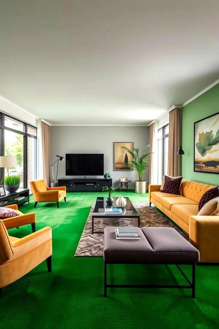High Contrast Green Carpet Design - 24 Green Carpet Living Room Ideas