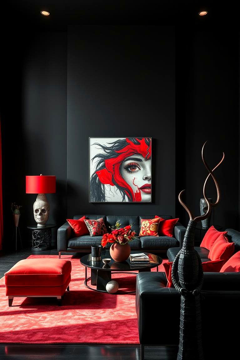 High Contrast Living with Bold Artwork - 24 Black and Red Living Room Ideas