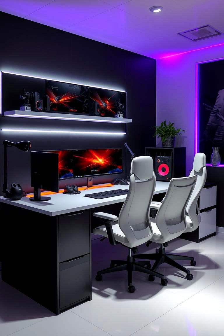 High Contrast Modern Setup - 24 Black Gaming Room Ideas