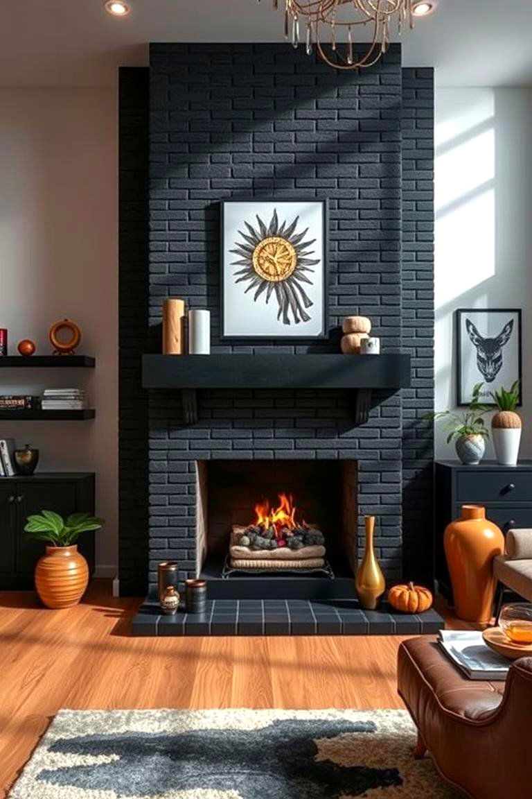 High Contrast Modern Statement - 24 Black Brick Fireplace Ideas
