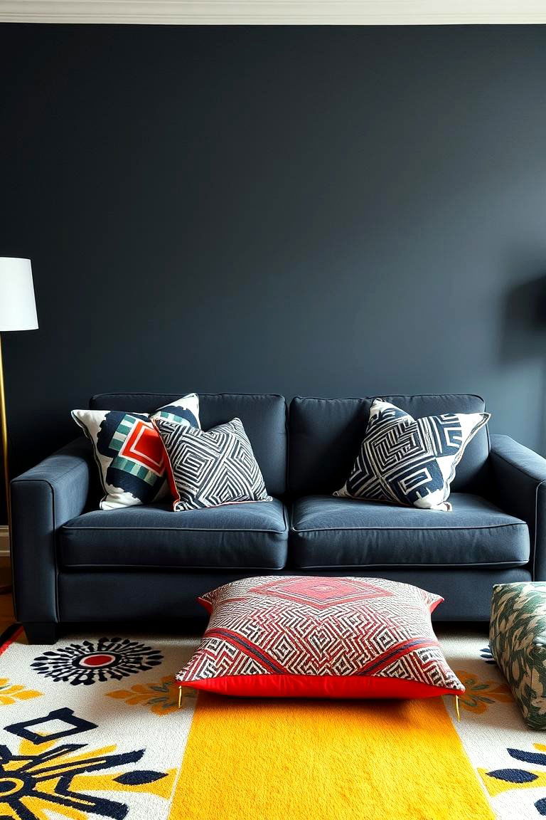 High Contrast Patterns for Visual Interest - 24 dark grey couch living room ideas