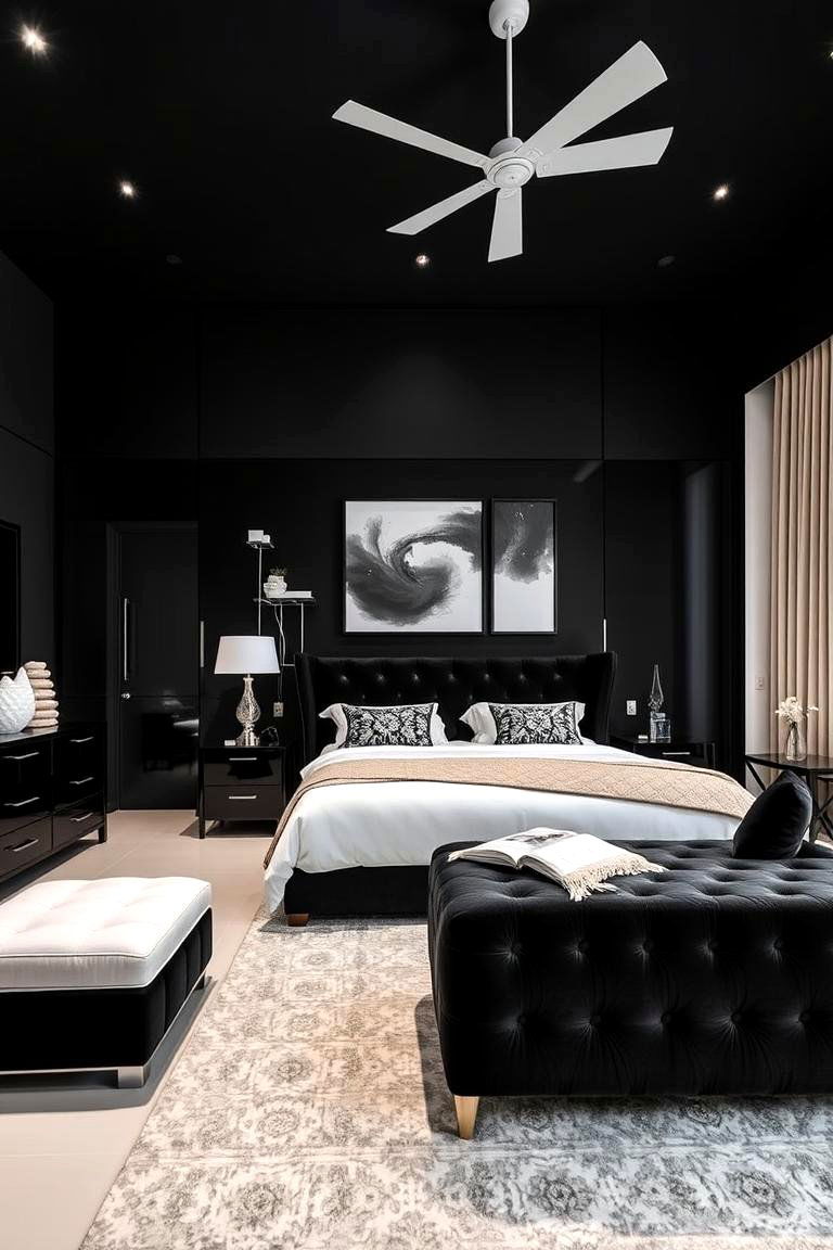 High Contrast Upholstered Statements - 24 Feminine Black and White Bedroom Ideas