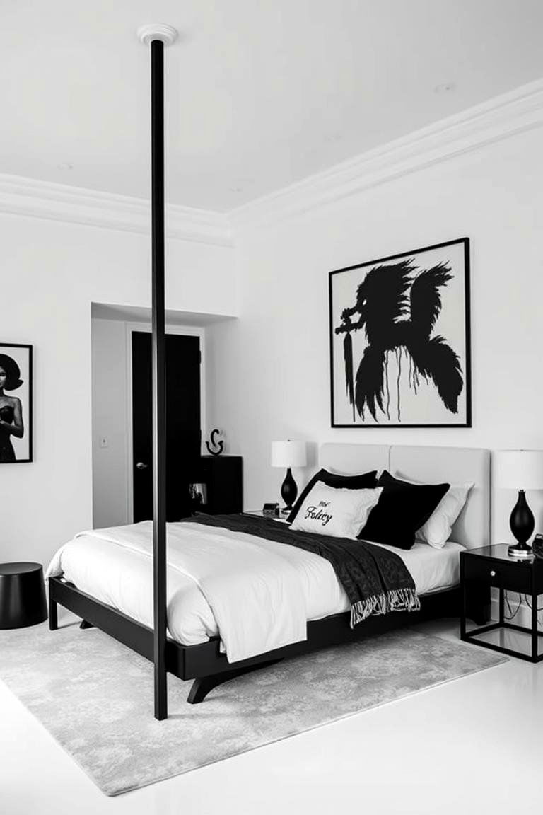 High Contrast White with Dark Accents - 24 White Bedroom Ideas