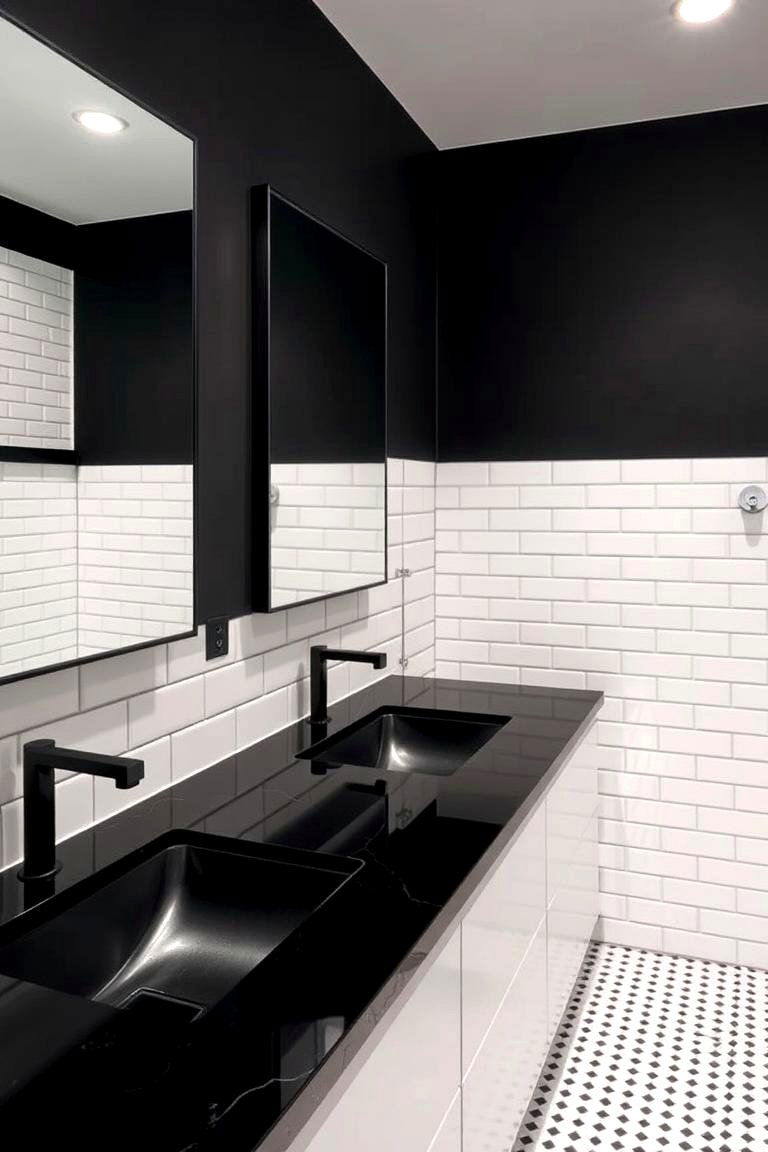 High Contrast with Black and White Tiles - 24 bathroom with black countertops ideas