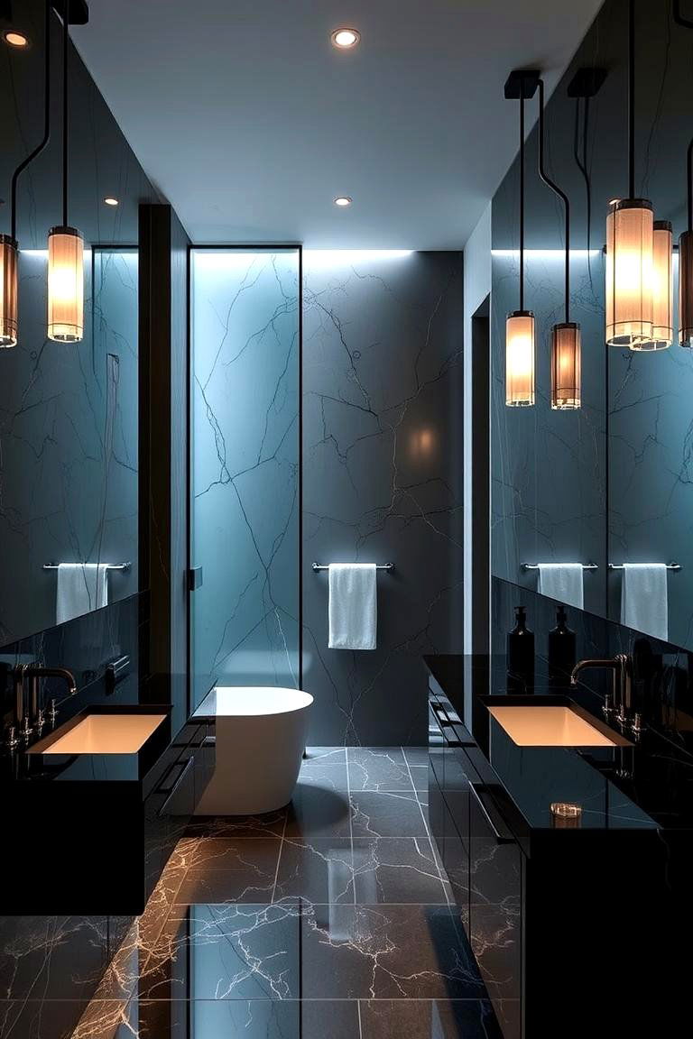 High End Black Countertops with Statement Lighting - 24 bathroom with black countertops ideas