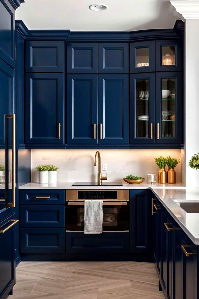 High End Boutique Feel - 24 blue kitchen cabinets with gold hardware