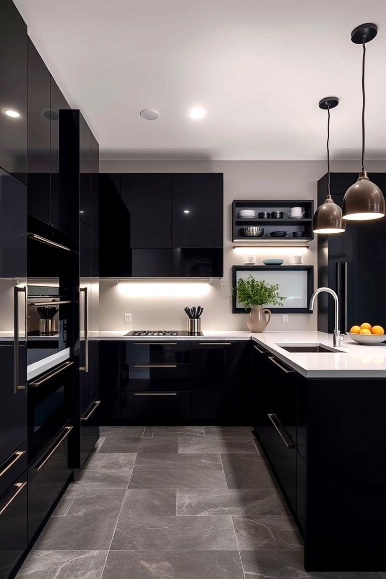 High Gloss Contrast Appeal - 24 Kitchens With Slate Floors