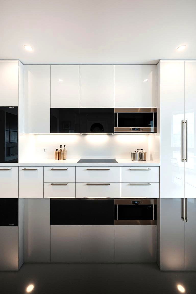 High Gloss Finishes and Reflective Surfaces - 24 white kitchen with black countertops ideas