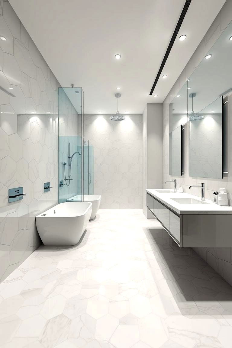 High Gloss Modern Appeal - 24 Bathrooms With Hexagon Tile Floors
