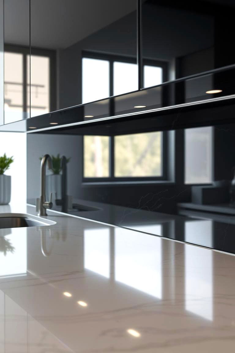 High Gloss Reflective Finish - 24 Black and White Kitchen Backsplash Ideas