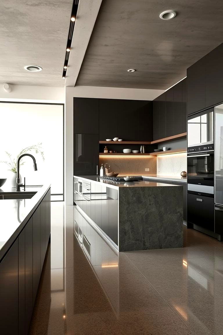 High Gloss Sealed Concrete - 24 Concrete Floor Kitchen Ideas