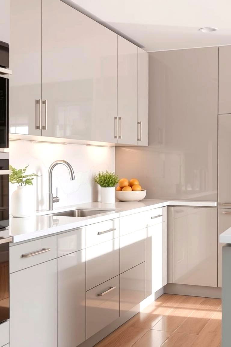 High Gloss Taupe with Soft Accents - 24 Taupe Kitchen Cabinet Ideas